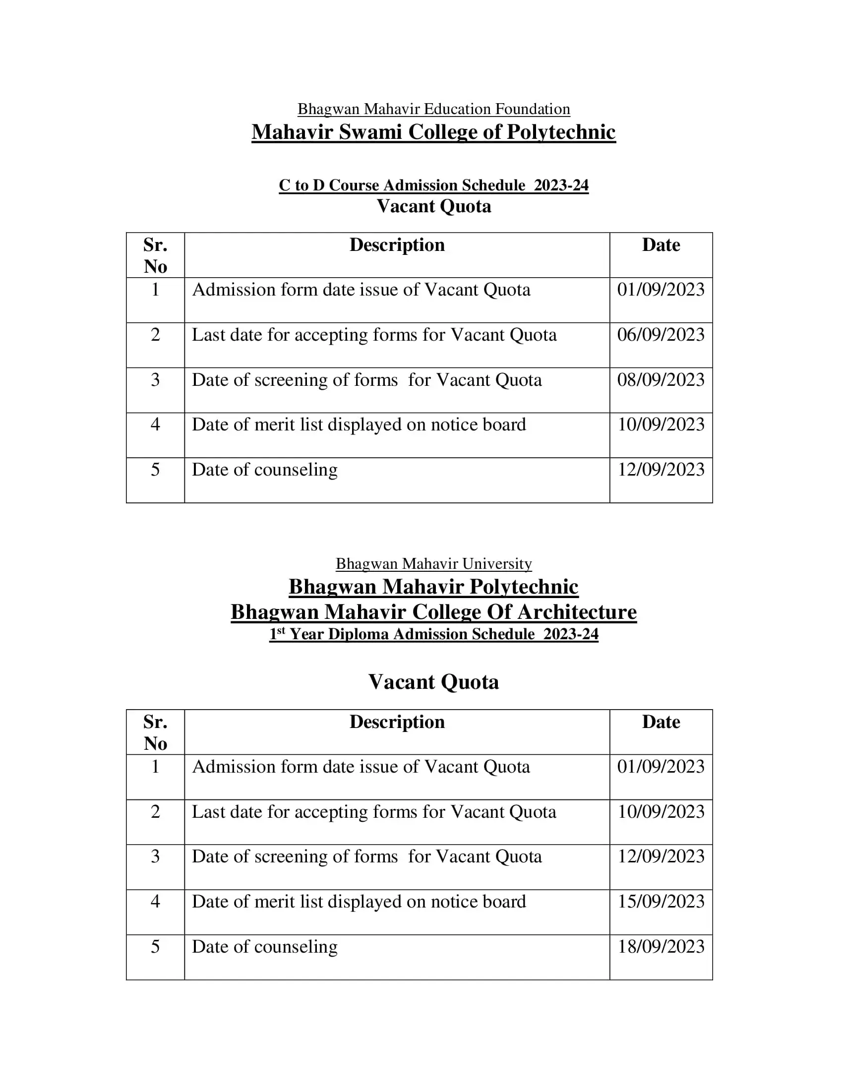 Admission Schedule 23-24